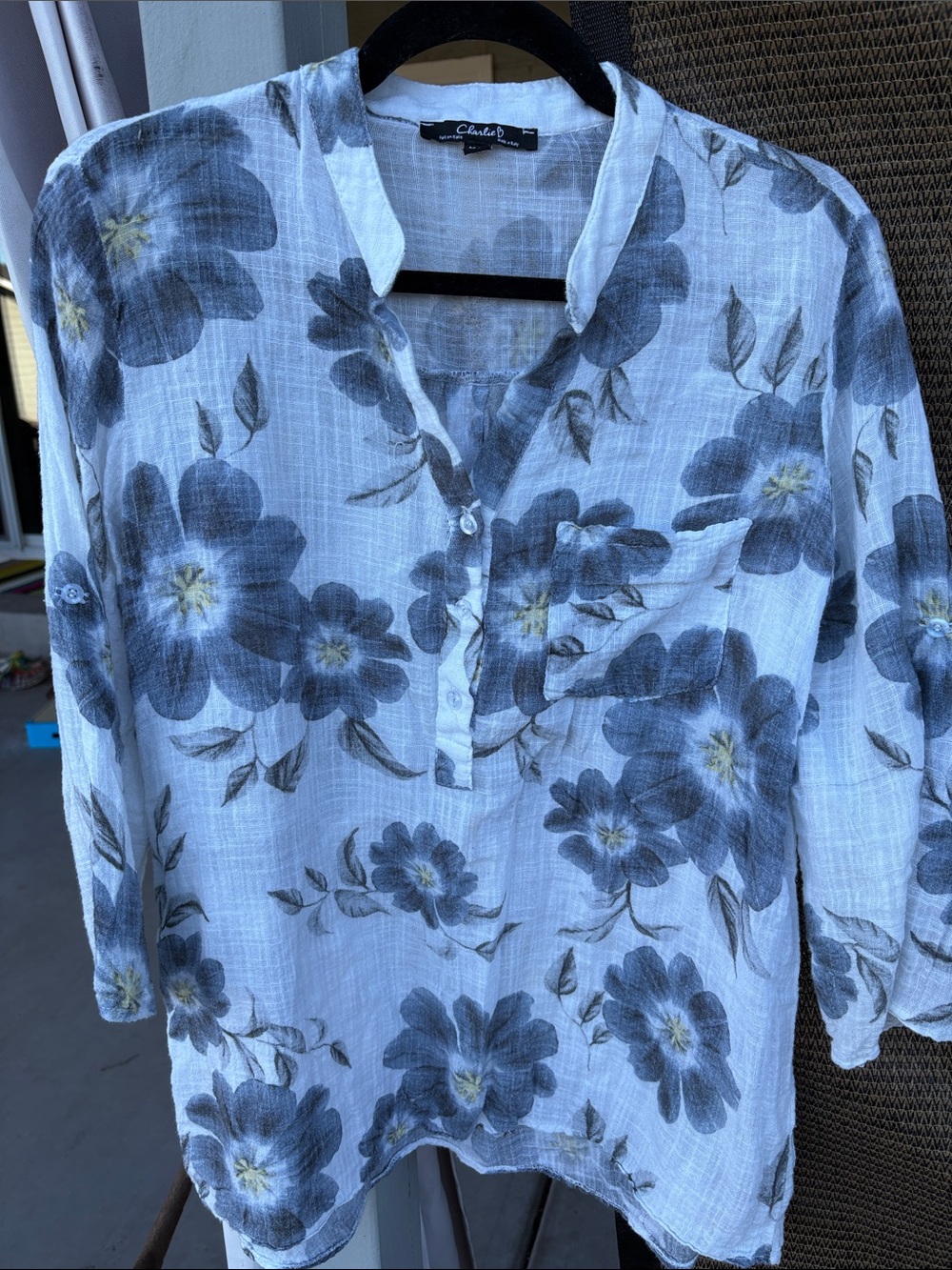 CHARLIE B White Button-Down Shirt with Gray Floral Print and Yellow Accents